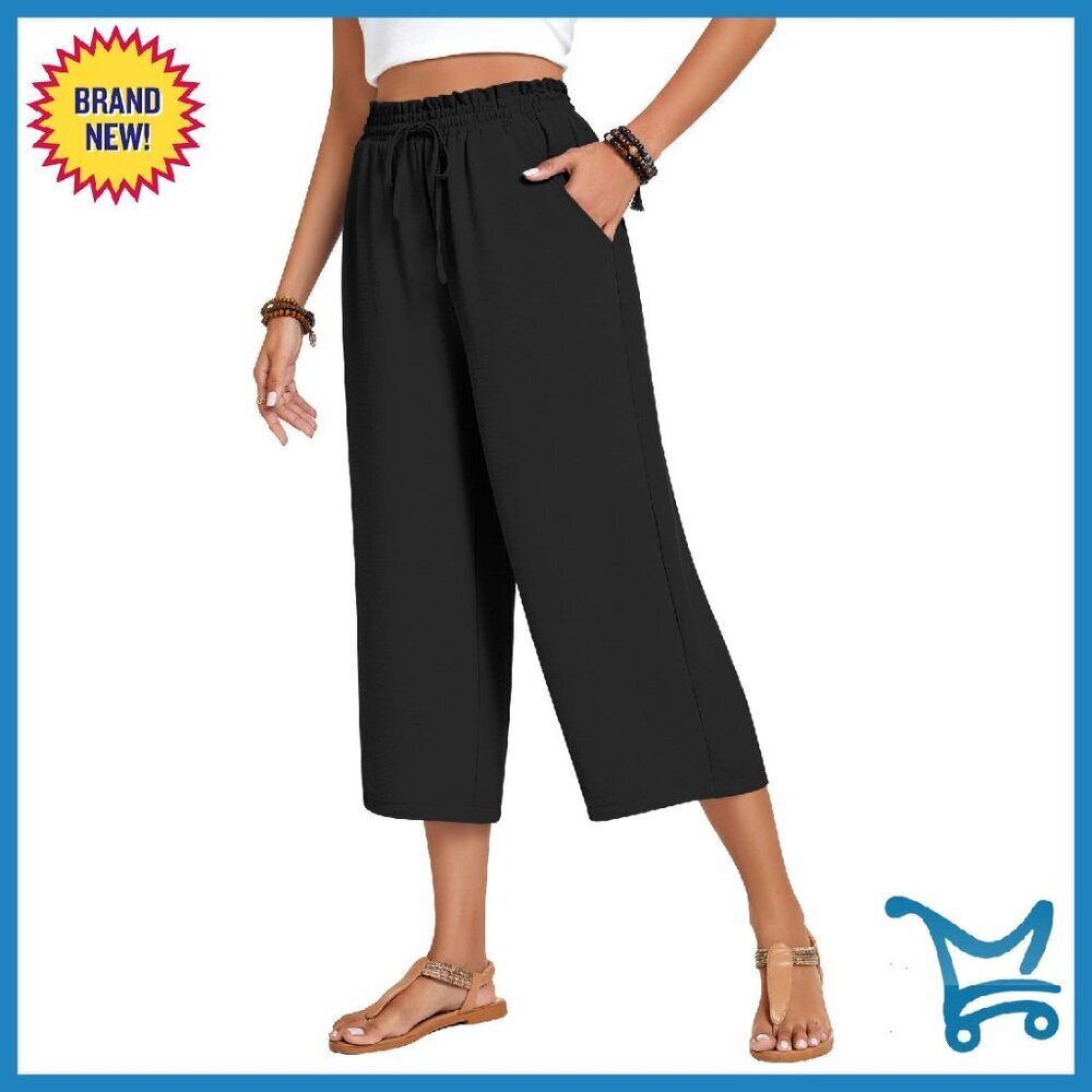 High Waist Wide Leg Capri Pants with Drawstring Pockets Lounge Casual